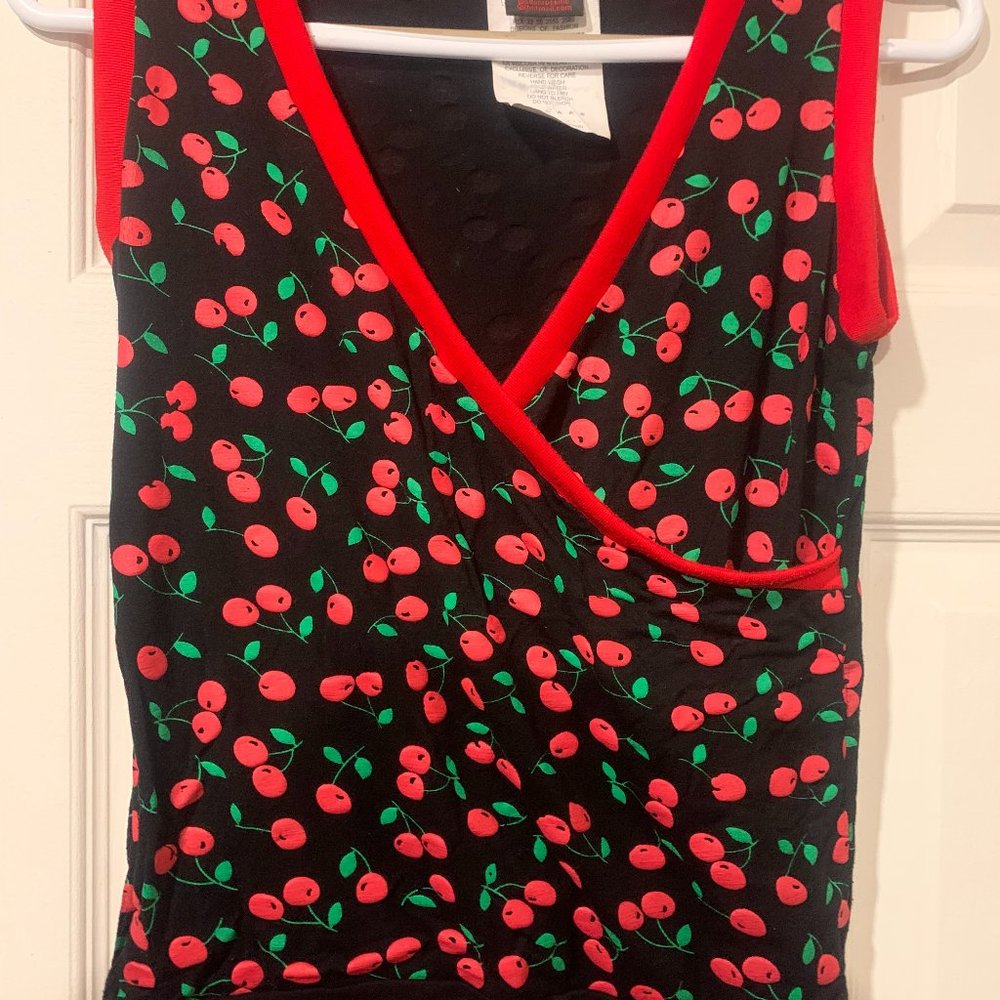 London Rock Crossover Sleeveless Top Black w/Cherry Print and Red Trim Size S